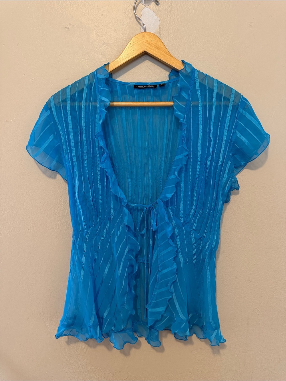 Notations Teal-Blue Sheer Ruffle Tie-Front Blouse